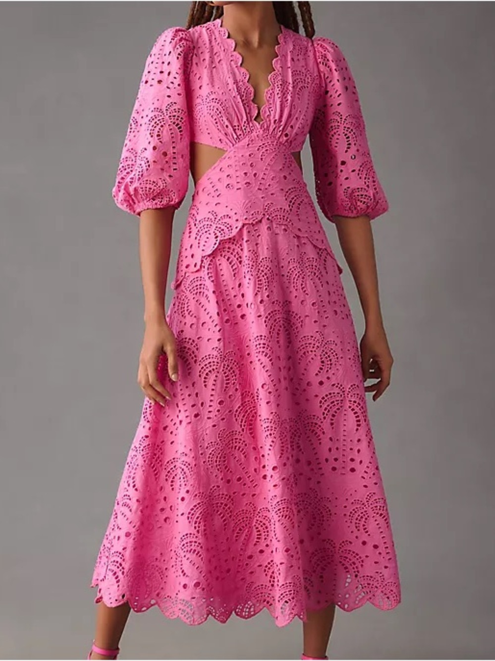 Farm Rio Pink Palm Eyelet Cutout Midi Dress Medium